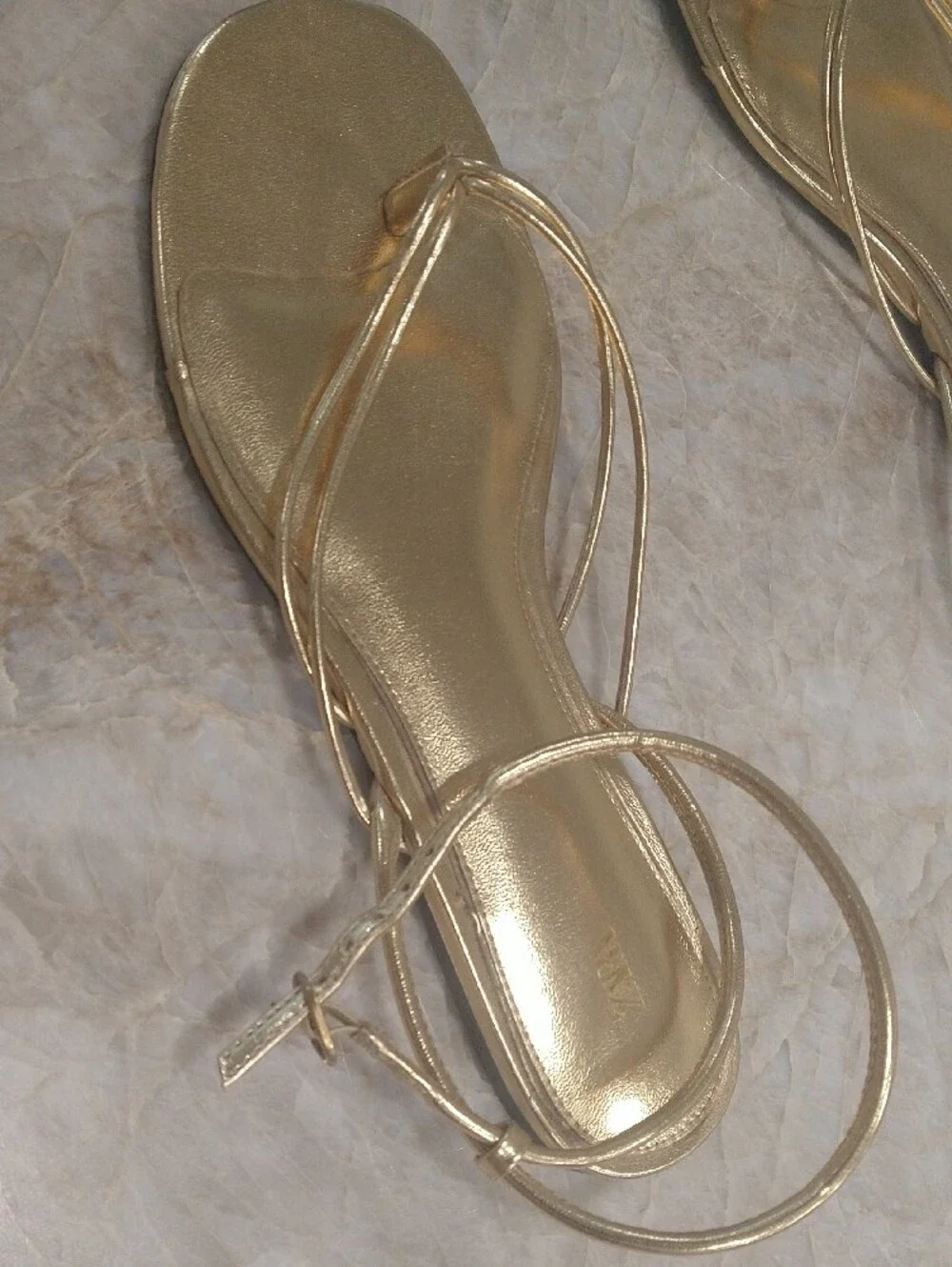Zara  39 Metallic Gold Slim-Strap Ankle Wrap Sandals Sz 9